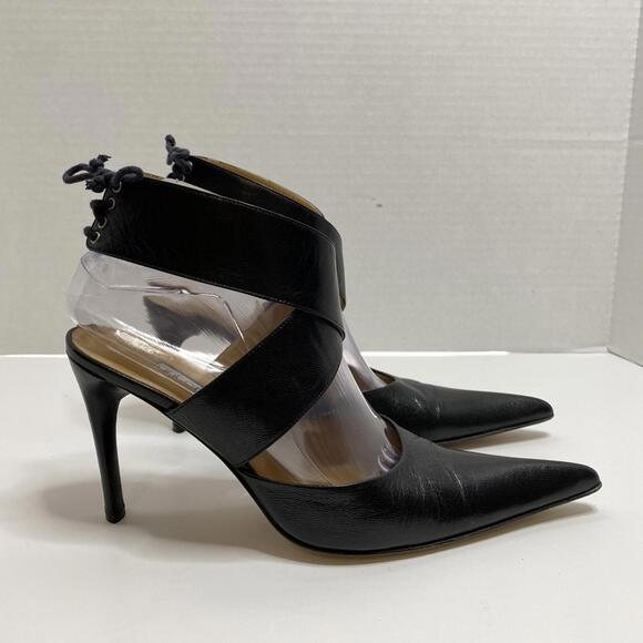 Antonio Eboli Black Stiletto Heels Womens 8 Sexy Ankle Straps Pointy Toe Chic - Picture 3 of 11